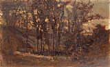 Fallen Canvas Paintings - forest scene, fallen tree in foreground and house in background